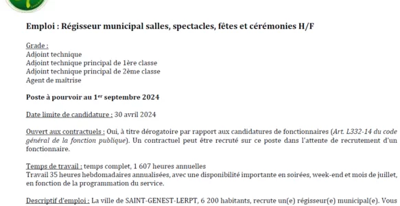 Offre d’emploi : Poste de régisseur général
