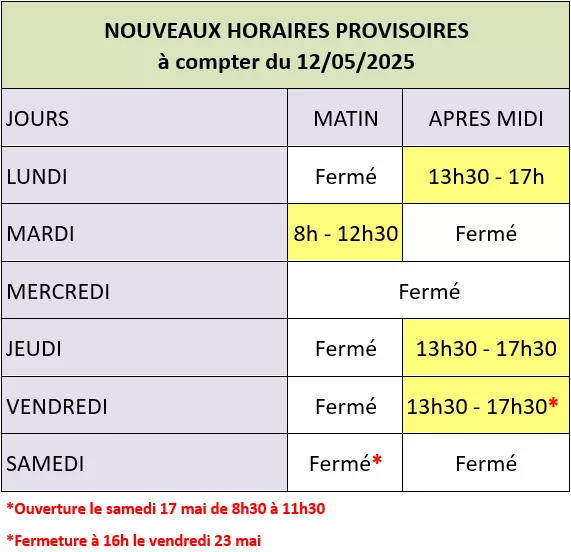 NOUVEAUX HORAIRES PROVISOIRES pour l'ouverture du SECRETARIAT DE MAIRIE 1 20250512-Mairie-Horaires-Secretariat