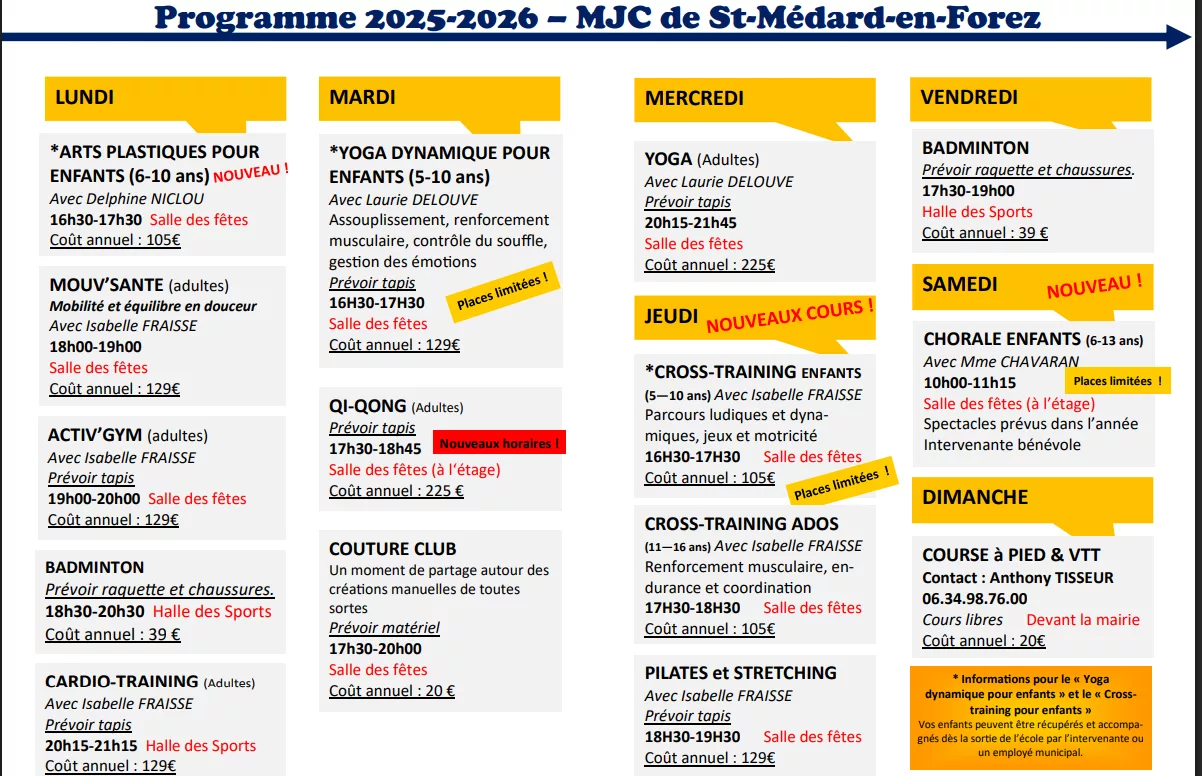 Programme des activités de la MJC pour 2025–2026