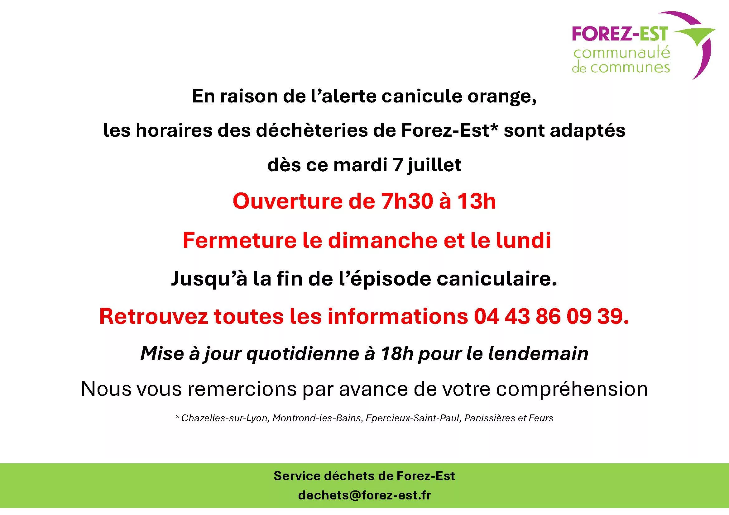 Modifications des horaires de la déchèteries : Alerte canicule