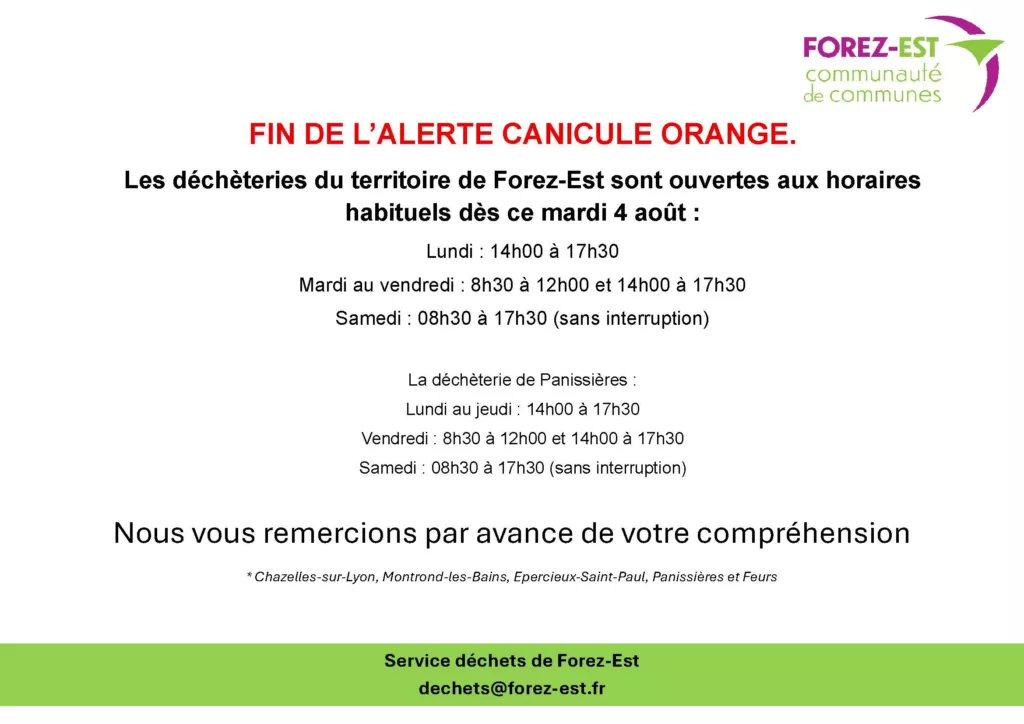 Modifications des horaires de la déchèteries : Alerte canicule 1 20260804-Decheteries-Fin-Alerte-Orange-Canicule