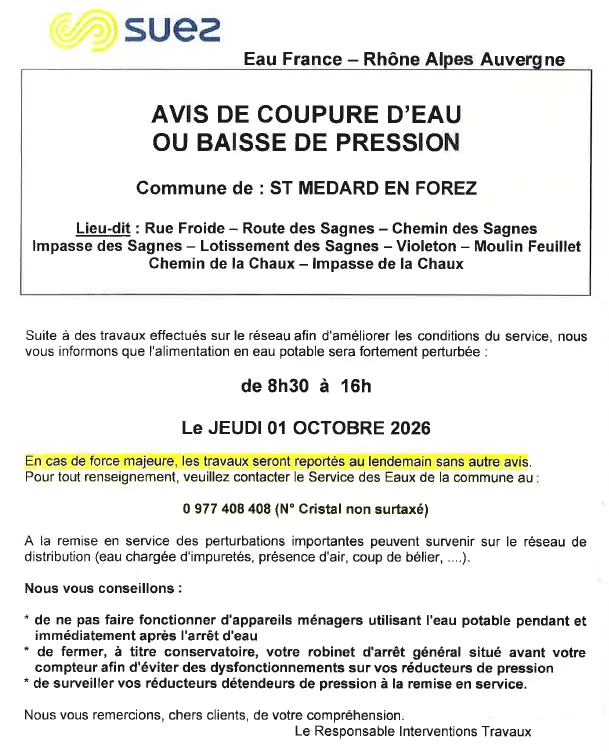 AVIS DE COUPURE D&rsquo;EAU JEUDI 1er OCTOBRE 2026