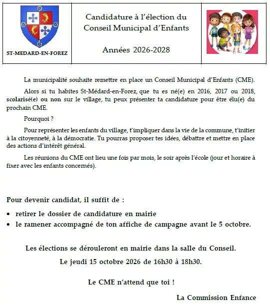 Candidature à l’élection du Conseil Municipal d’Enfants 2026 2028
