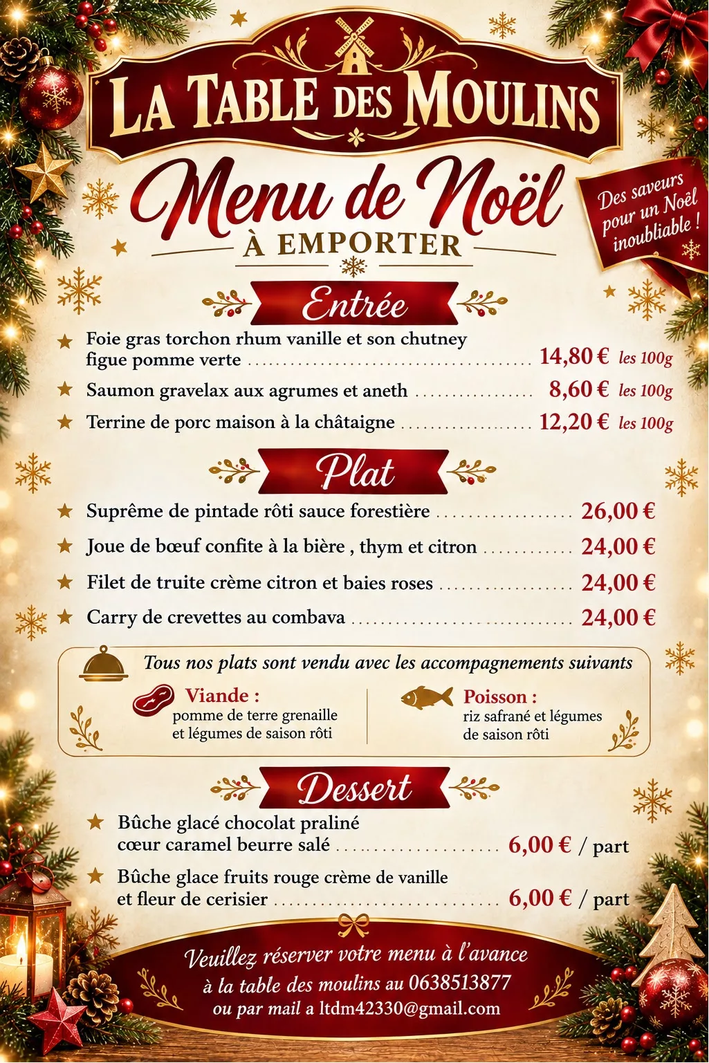 Restaurant La Table des Moulins : Menu de Noël 2026 à emporter